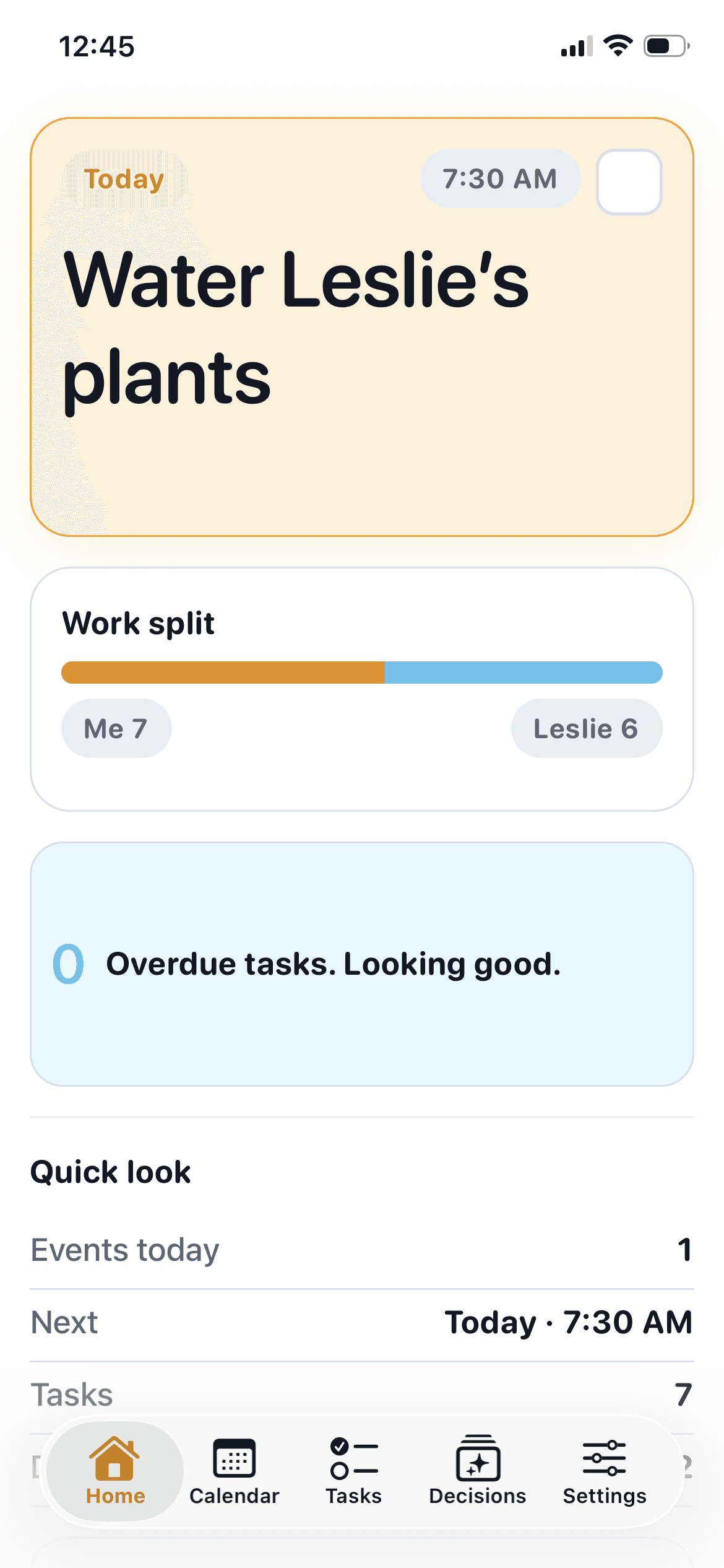 LockedIn home screen with a shared task and work split